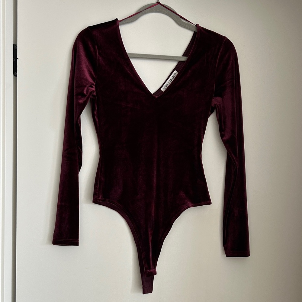 Plush Velvet V-Neck Bodysuit - Deep Wine